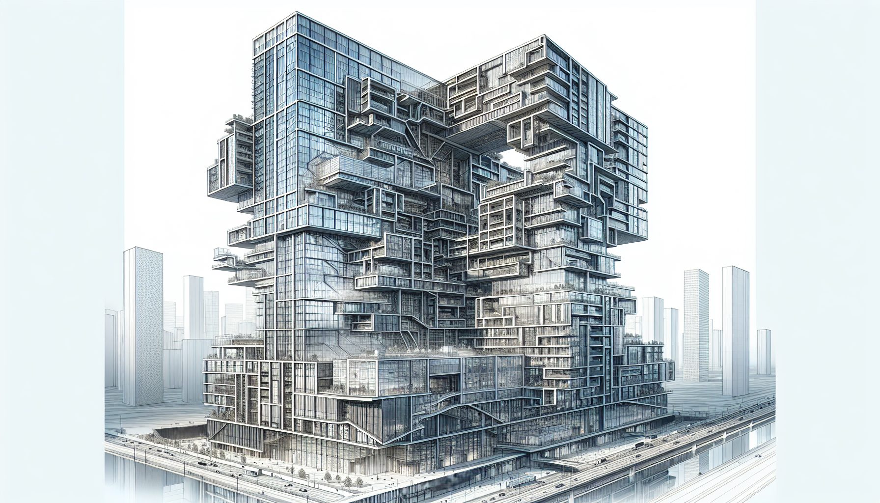 Illustration of modern multi-story building with curtain walling system