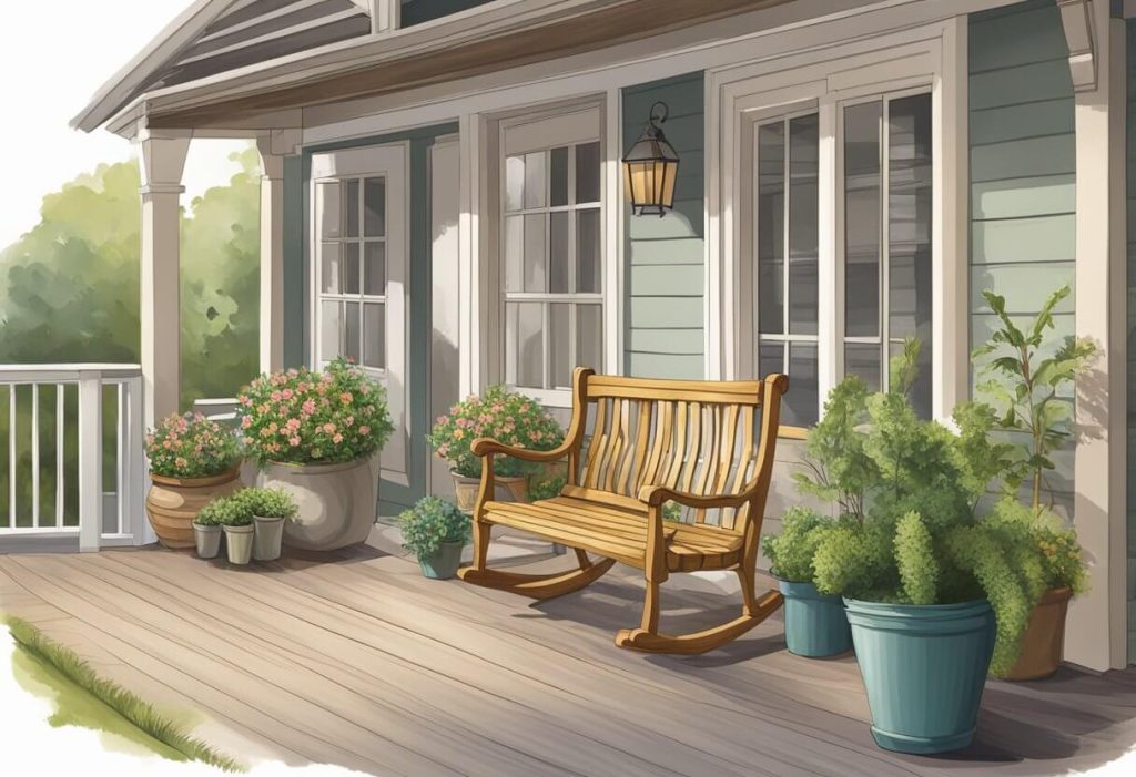An oak frame porch with a swing, potted plants, and a rocking chair