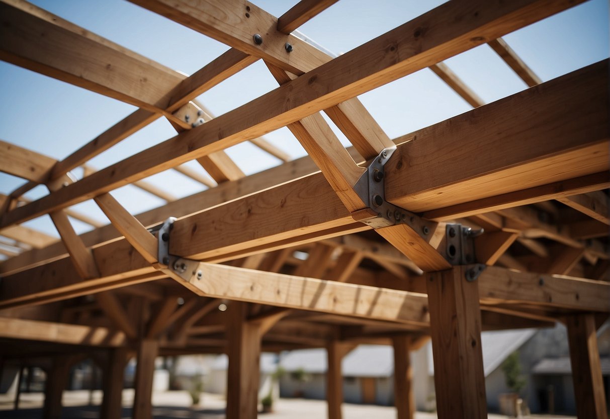 Timber beams form roof trusses, intersecting at angles, with metal brackets for support