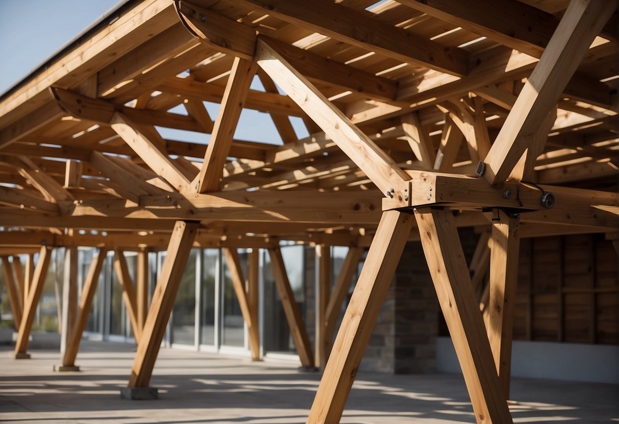 A timber roof truss assembly with intersecting beams and diagonal bracing, supported by timber columns and connected with metal fasteners