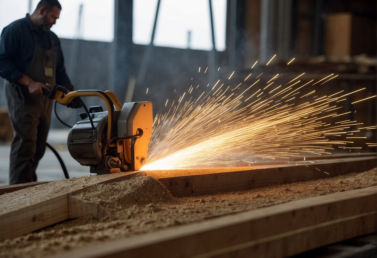 Machines cut and shape timber for roof trusses. Sawdust fills the air as the wood is processed