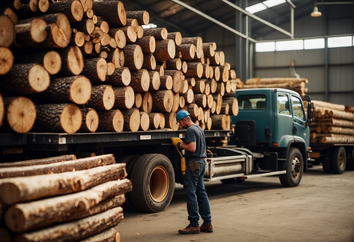 Timber logs stacked at a sawmill, workers operating machinery, and a truck loading trusses for delivery to a construction site