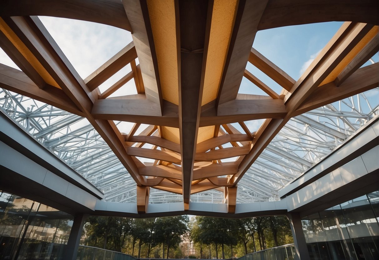 A modern timber roof truss design with integrated technology and a futuristic outlook