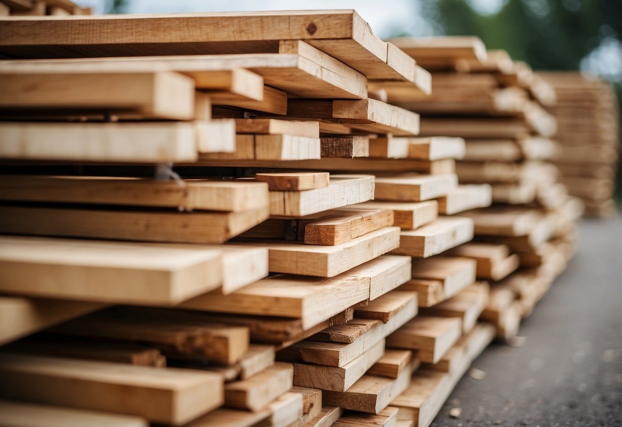 Timber stacked in rows, labeled "Frequently Asked Questions," ready for roof truss assembly