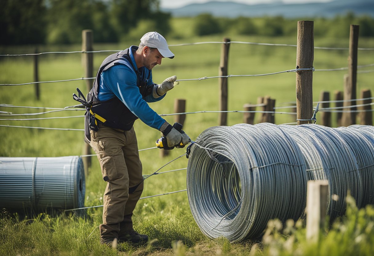 A person installs and maintains fencing supplies in a rural setting. They are surrounded by rolls of wire, posts, and tools