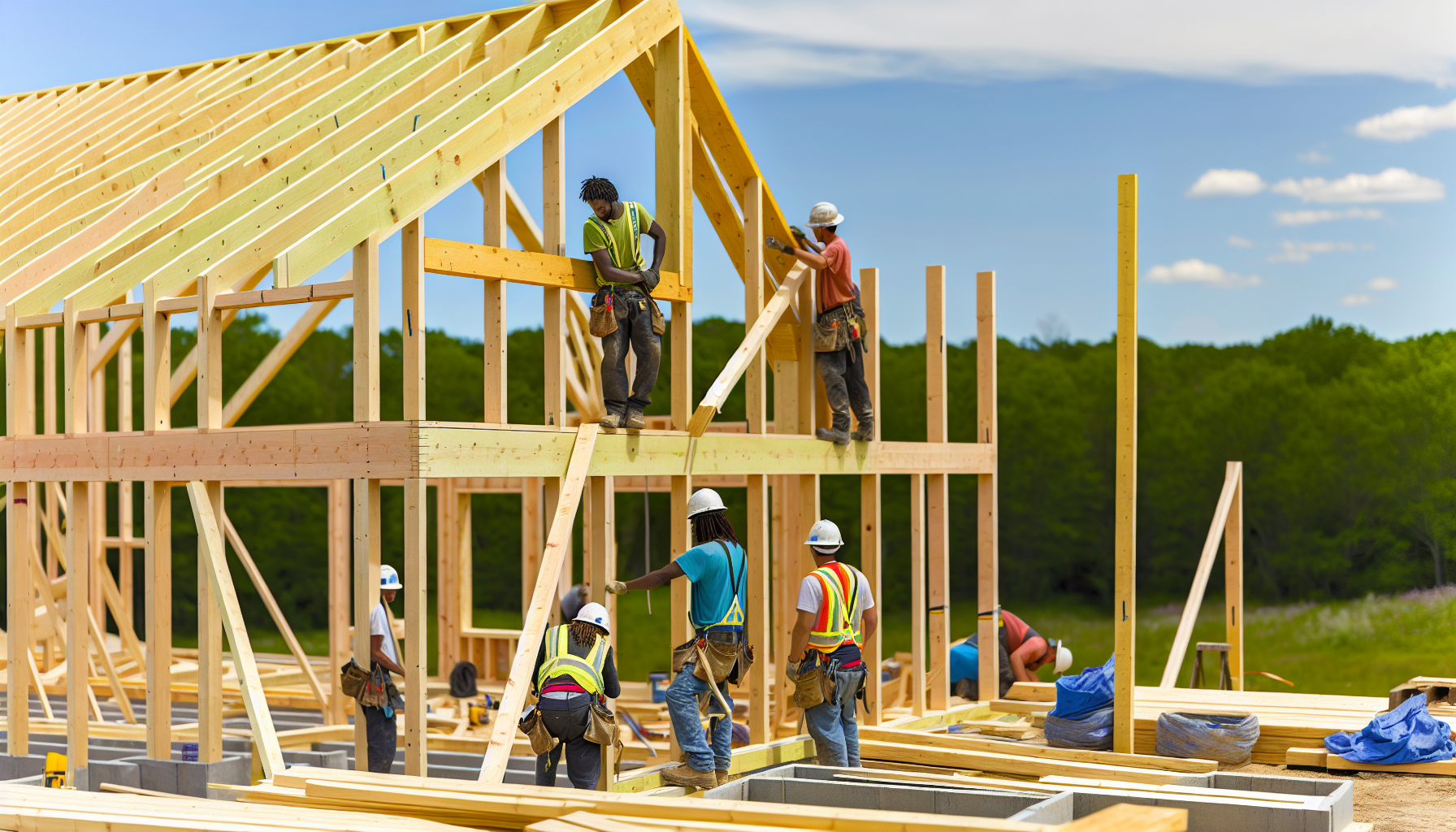 A timber frame house under construction with workers assembling the frame